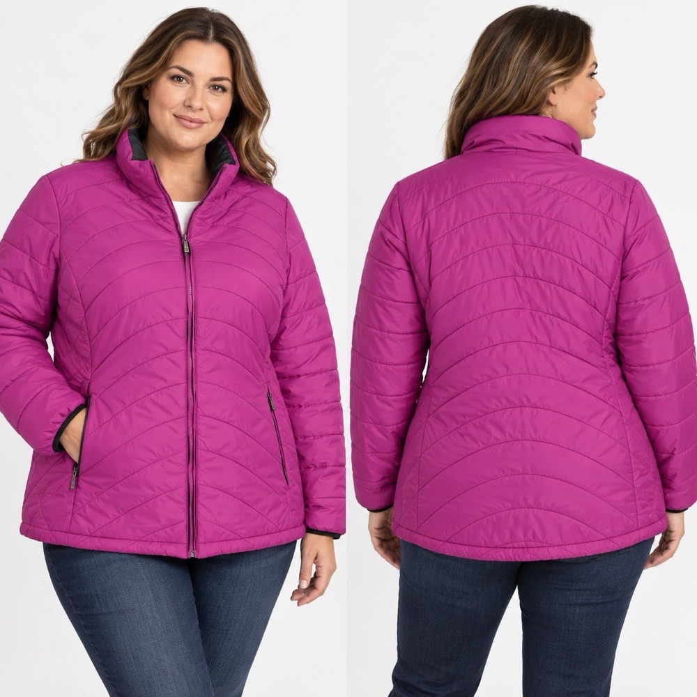 Lands' End Women's 1X Puffer Jacket Pink Quilted Lightweight Full Zip Excellent